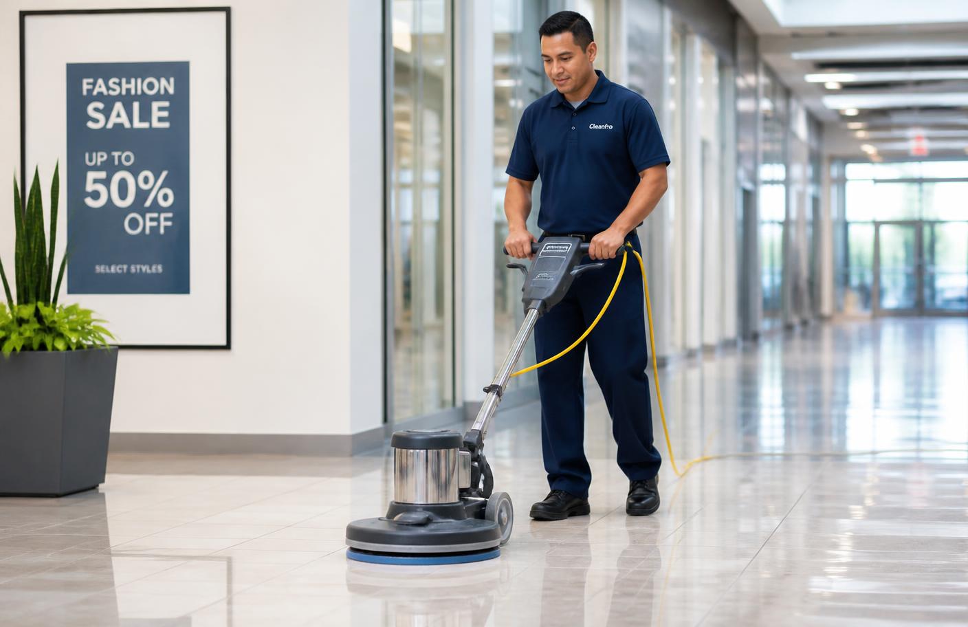 Cleaning technician machine-polishing a tile floor in a commercial corridor