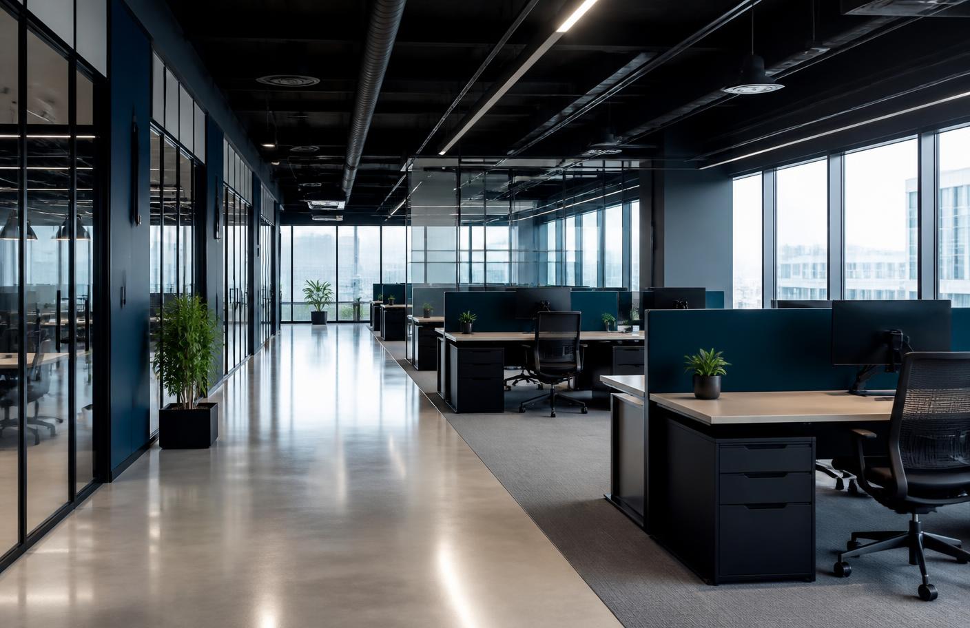 Spotless modern open-plan office with gleaming floors after professional commercial cleaning